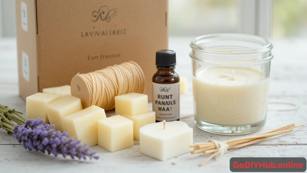 Essential candle-making supplies on a wooden table