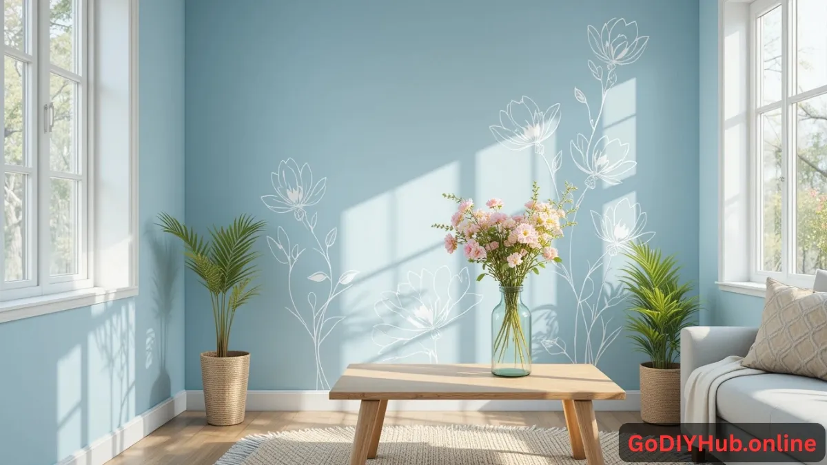Bright blue DIY painted accent wall in a modern living room