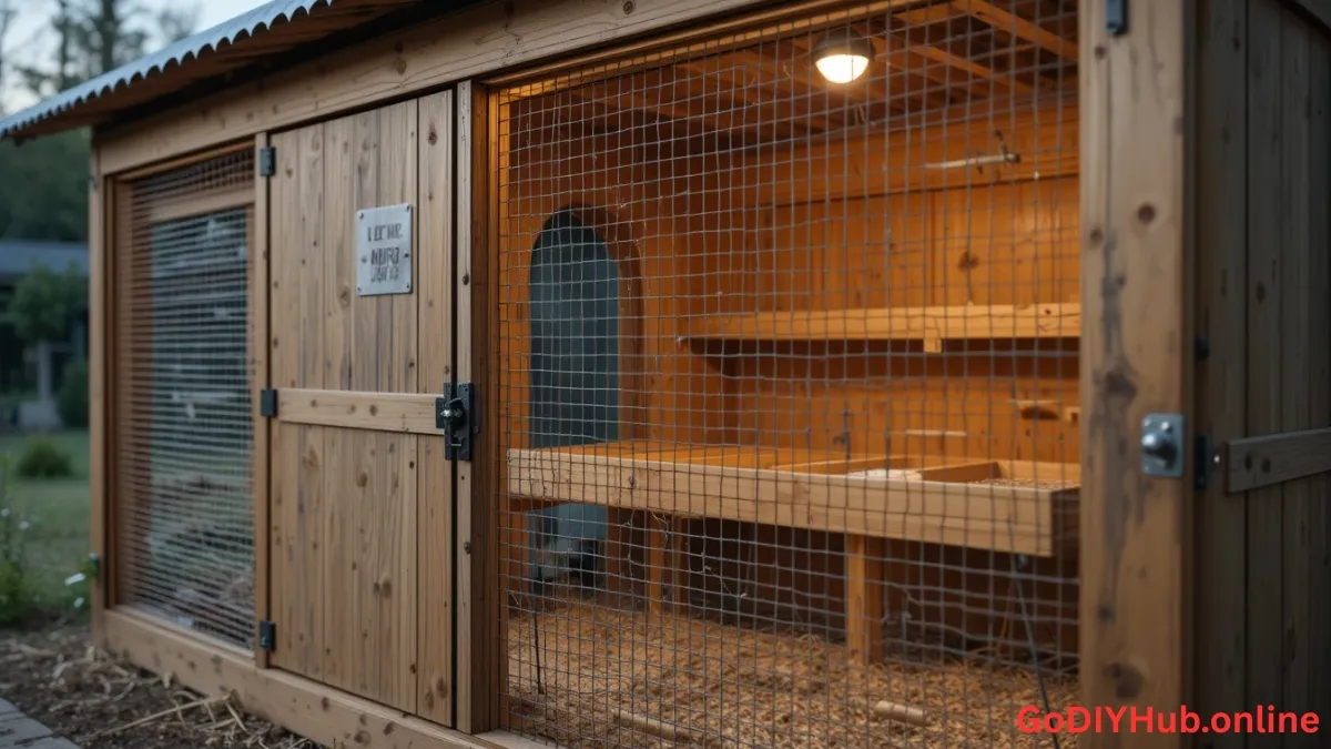 Wooden backyard chicken coop with tin roo