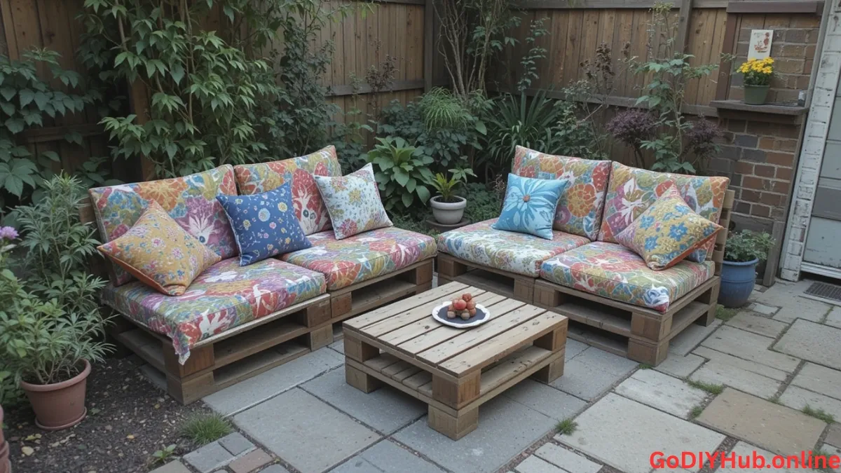 Outdoor pallet seating with cushions