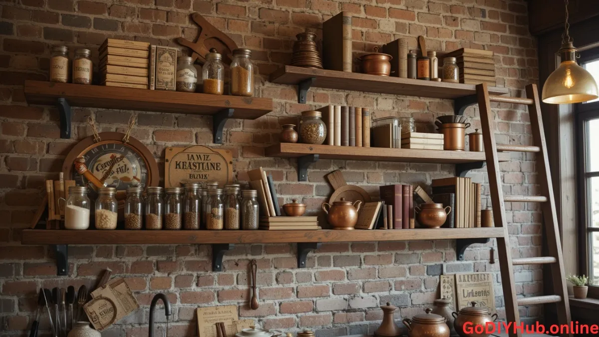 Wooden floating shelves with spices and jars