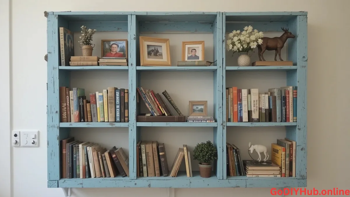 Rustic pallet bookshelf with books
