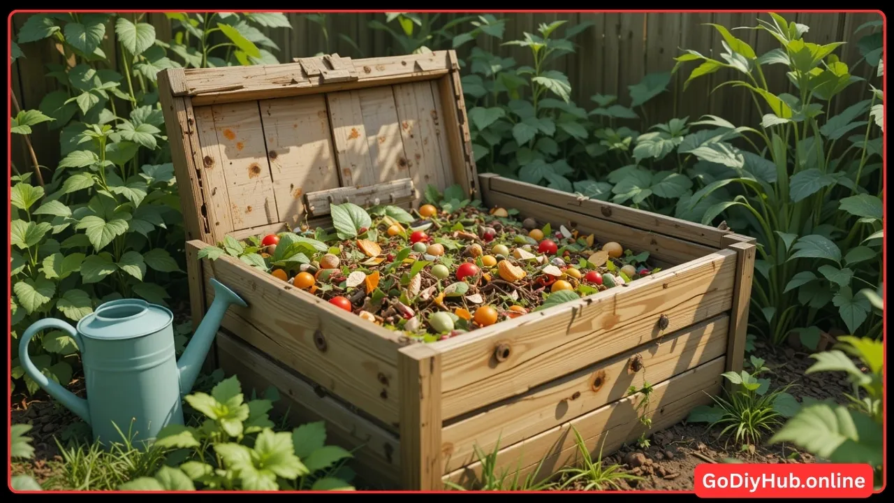 Wooden compost bin with vegetable scraps in a garden