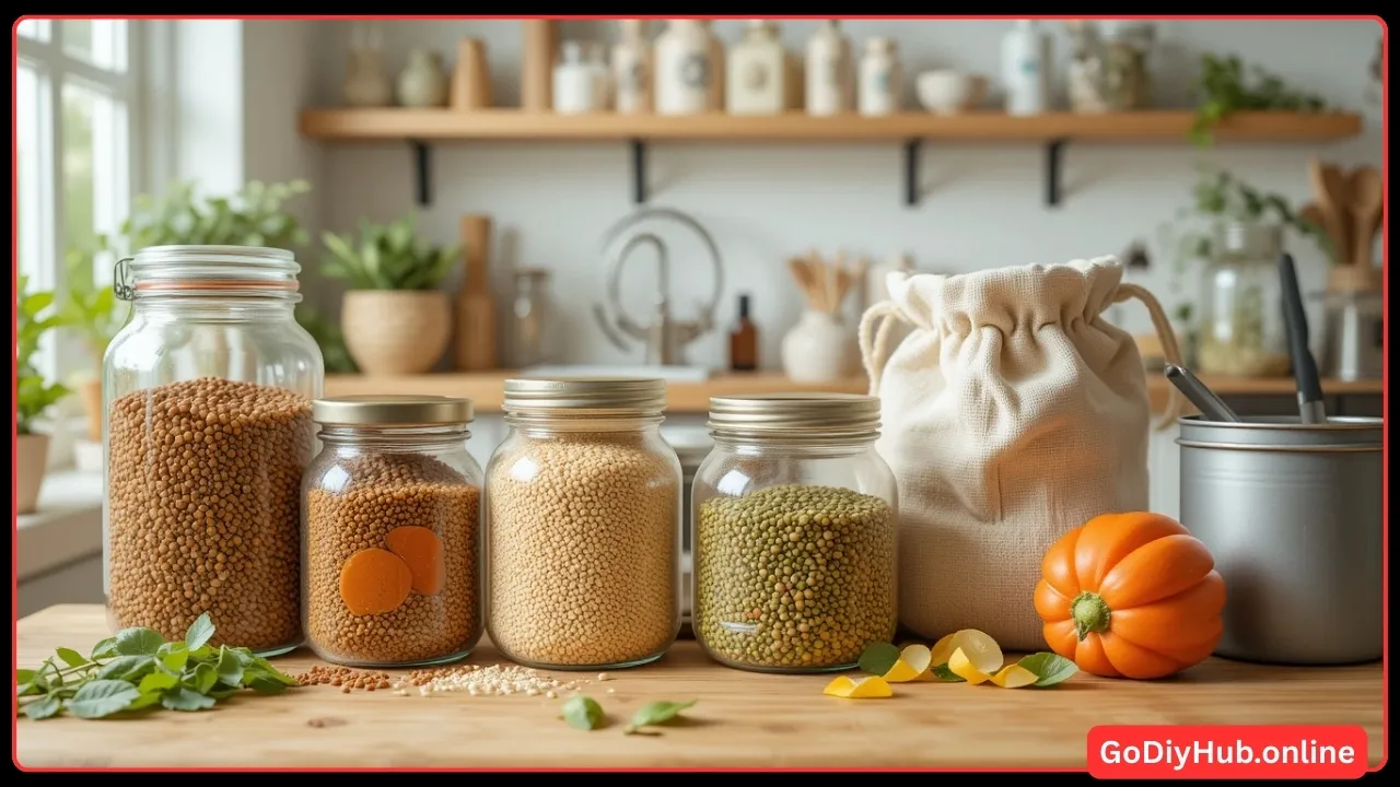 Glass jars storing spices and grains in an eco-friendly kitchen